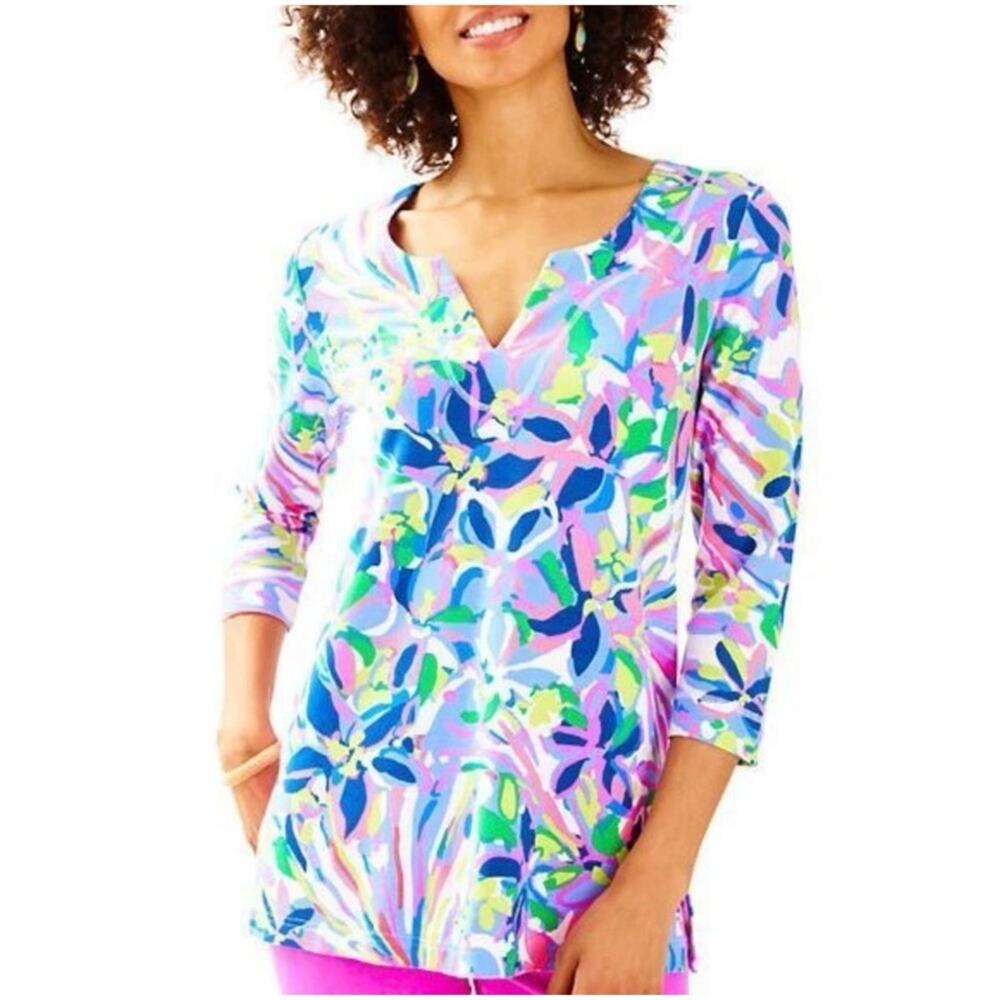Lilly Pulitzer Women’s Sz S Purple Green Tunic Top Justina Havin a Blast Stretch